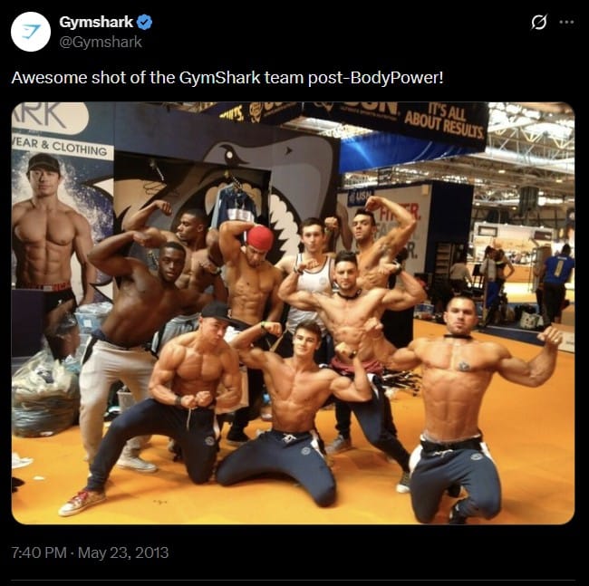 Dudes in a Gym. Gymshark Twitter Post in 2013 looks way different than the influencer-centered and production quality product posts of today. Click to Enlarge Image.