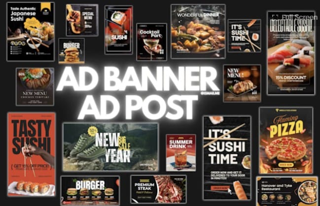 A collage of professional social media graphics and ad banners showcasing digital marketing work for various food and beverage brands, including sushi, burgers, pizza, and cocktail events.