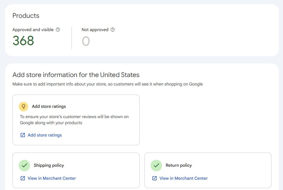 A Google Search Console dashboard screenshot showing "368" approved and visible products. Below, it highlights missing Merchant Center opportunities, displaying an actionable prompt to "Add store ratings" alongside green checkmarks for completed "Shipping policy" and "Return policy" configurations.