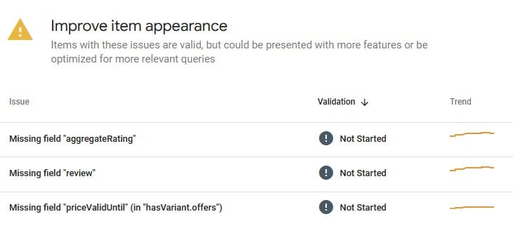 A screenshot from a Search Console showing three schema validation warnings for an e-commerce store: "Missing field 'aggregateRating'", "Missing field 'review'", and "Missing field 'priceValidUntil' (in 'hasVariant.offers')".