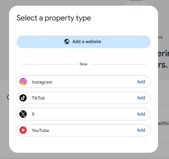Screenshot of the Google Search Console property menu displaying options to add social platform properties such as Instagram, TikTok, and X.
