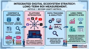 Infographic illustrating an integrated digital ecosystem strategy that combines platform integration for YouTube, Instagram, TikTok, and X with data tracking for long-term ROI measurement.